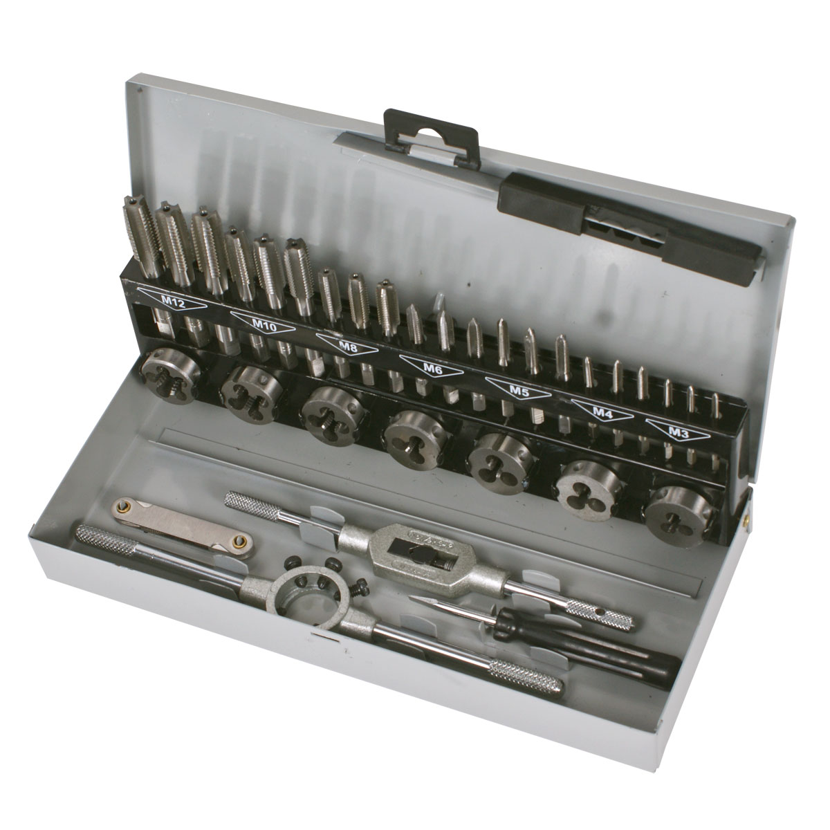 PROLINE TOOLS Gängtappar och Gängkloppa 32 delar M3-M12, HSS DIN 352 SW7m, Metallbox, Proline