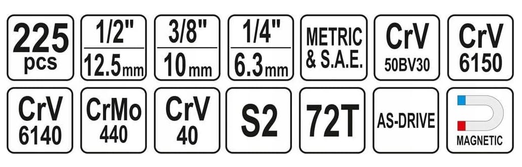 Verktygsats, komplett hylsnyckelsats, 225 delar, hylsor bits nycklar, plastväska, YATO - 2