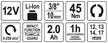 Sladdlös spärrskaft 45Nm, 1/2, 12V batteri 2, 0 Ah, YATO