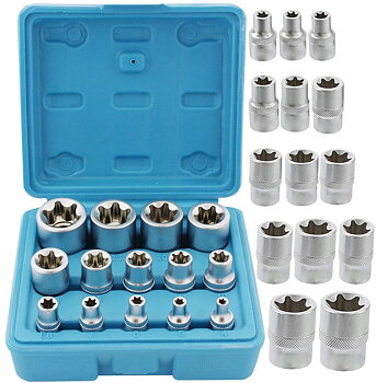 Torxhylsor TORX-E, sats 14st E4-E24, 1/2, 3/8, 1/4” hylsor TORX invändiga, Vorfal