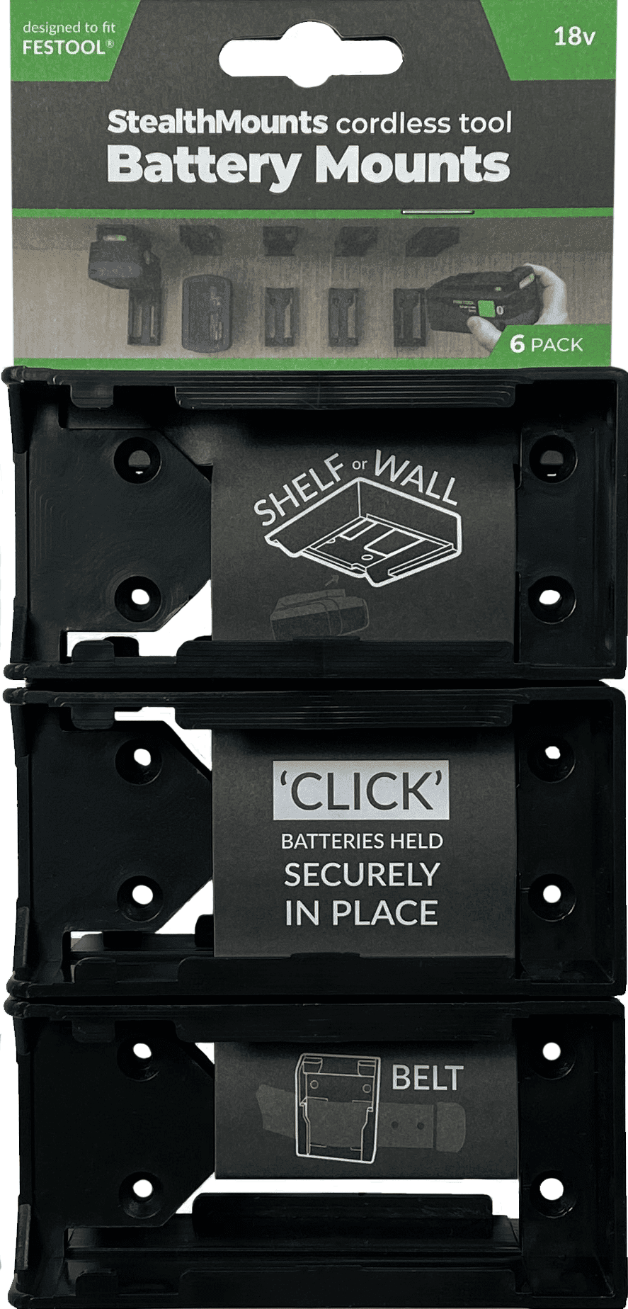 Stealth Mounts Batterifästen 6-pack för Festool 18V ABS Svart eller Grön, StealthMounts - Grön - 12