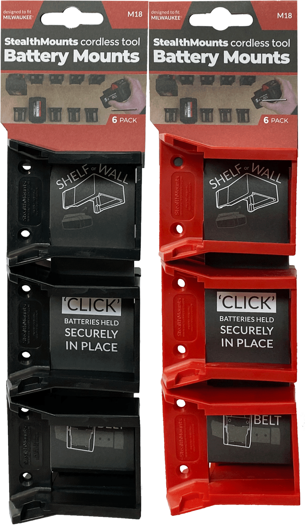 Stealth Mounts Batterifästen 6-pack för Milwaukee M18 ABS Väggmontage Röd, StealthMounts - 6