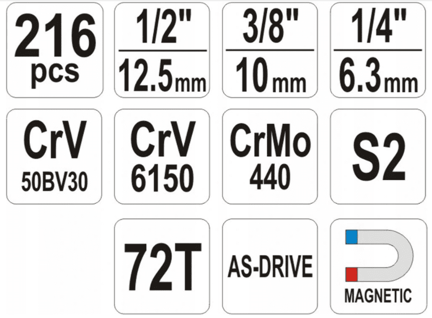 Hylsnyckelsats 216 delar, verktygssats, väska, YATO - 2