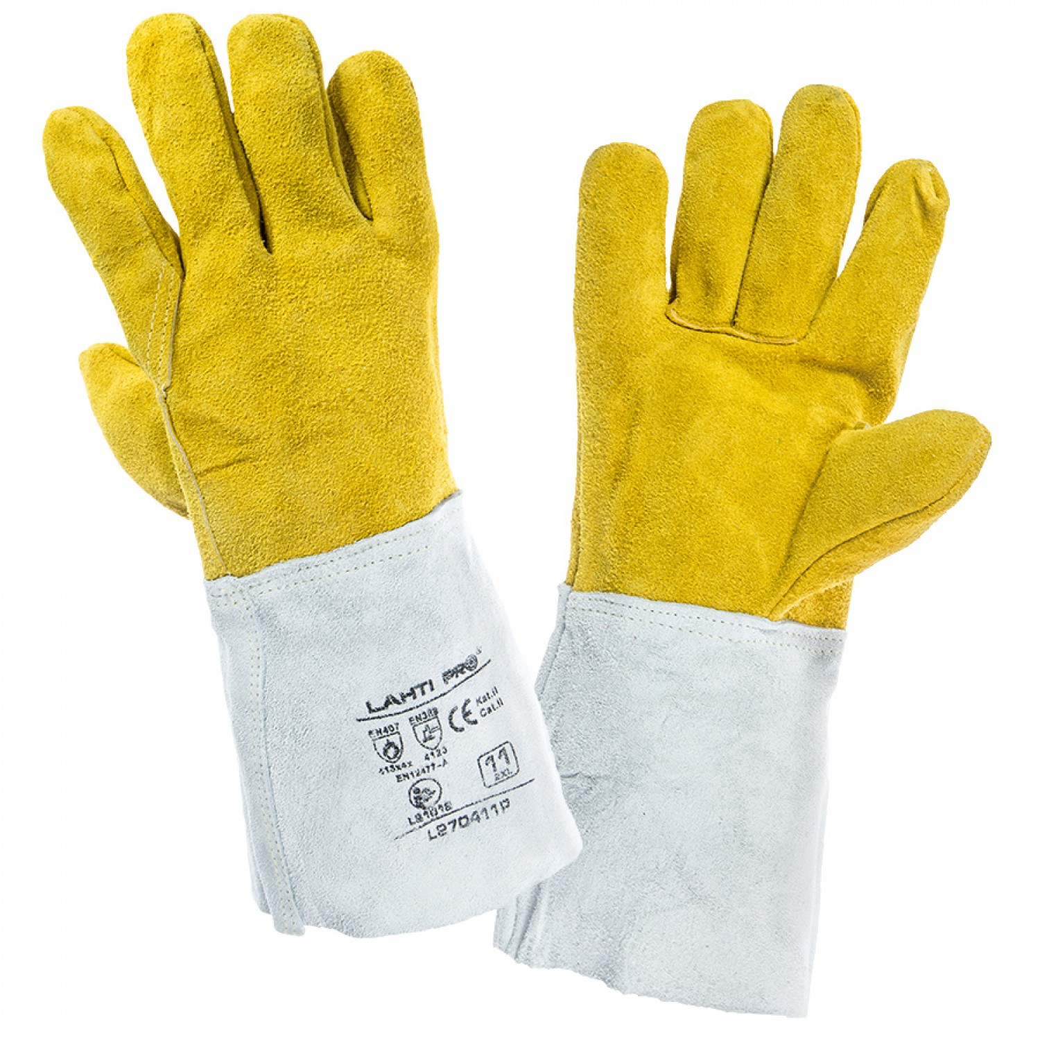 LahtiPro Skyddshandskar för svetsare, st. 11 XL, äkta skinn, 35 cm, brandsäkerhet 4, CE, EN 420, EN 388, EN 407, LAHTI L2704
