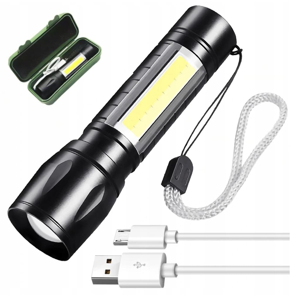 Ficklampa LED XPE+COB 200 LM, USB batteri, zoom, mycket liten, dubbla LED, Tactical Light - 2