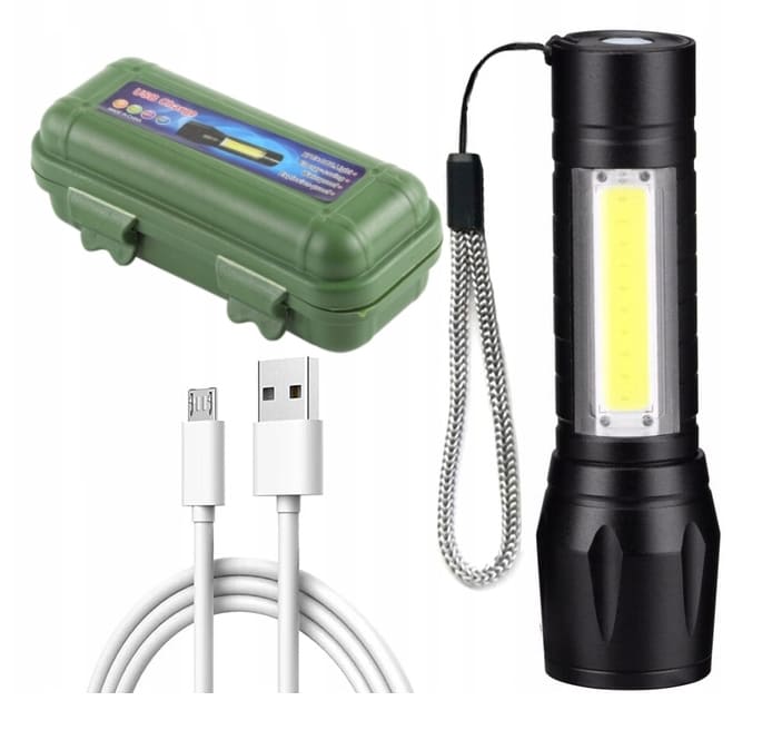 Ficklampa LED XPE+COB 200 LM, USB batteri, zoom, mycket liten, dubbla LED, Tactical Light