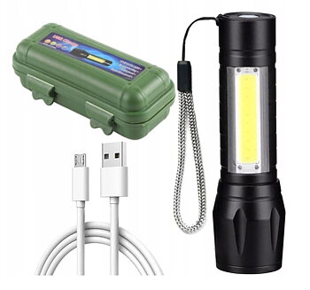 Ficklampa LED XPE+COB 200 LM, USB batteri, zoom, mycket liten, dubbla LED, Tactical Light