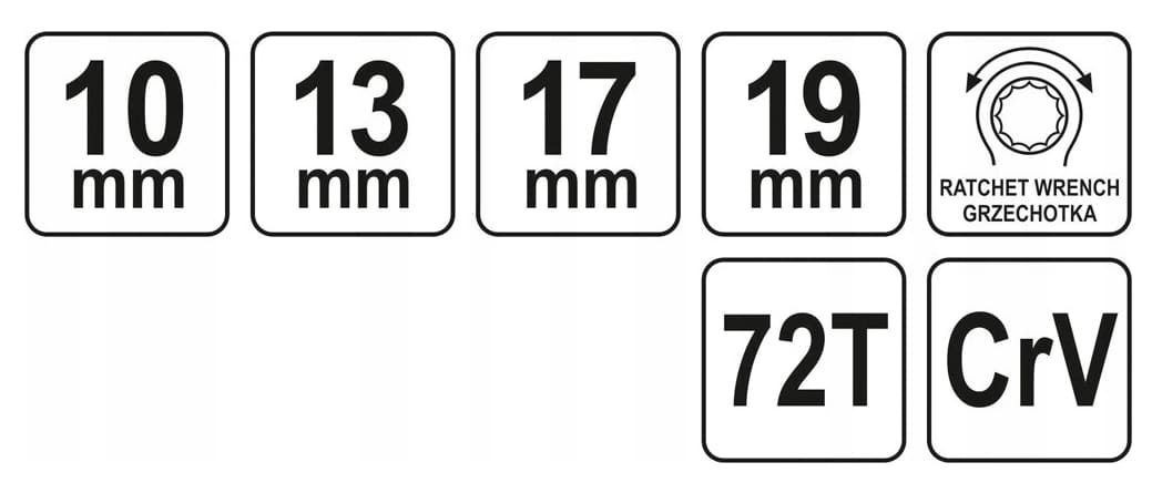 PROLINE TOOLS HD Ringnyckel med Spärr 10-13-17-19 mm 72T, YATO - 2