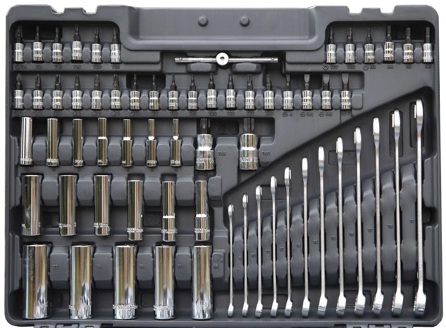 PROLINE TOOLS Hylsnyckelsats 217st, 1/4, 3/8, 1/2, 3.5-32 mm, långa och korta hylsor, U-ringnycklar, CRV, Proline - 9