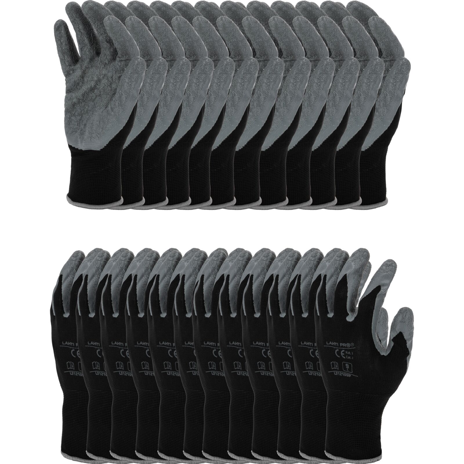 LahtiPro Arbetshandskar 12par LATEX BLACK-GREY, CE, LAHTI (Handskestorlek : 9 [L] Handlängd 19,2cm Omkrets 22,9cm)