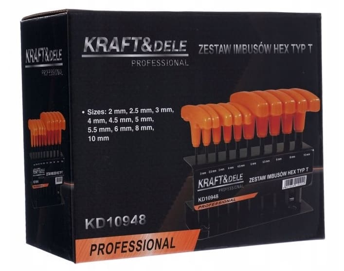 KRAFT&DELE Insexnyckel sats HEX, T-handtag, 10st 2-10 mm, 100 mm långa, inkl. metallhållare - 7