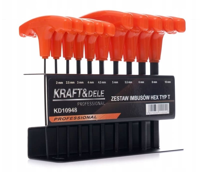 KRAFT&DELE Insexnyckel sats HEX, T-handtag, 10st 2-10 mm, 100 mm långa, inkl. metallhållare