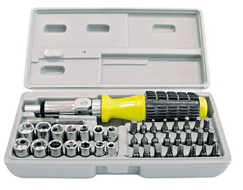 Mega Skruvmejsel handtag med spärr och LED, sats med hyslor och bits 40 st, plastbox