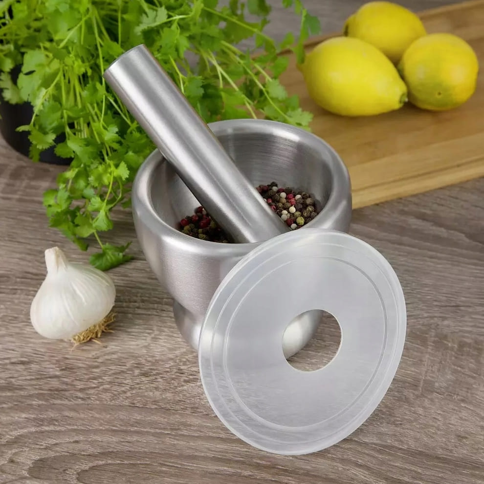KING HOFF Mortel av borstat rostrfitt stål, med stöt, 13 cm diam. 70gr, Kinghof - 2