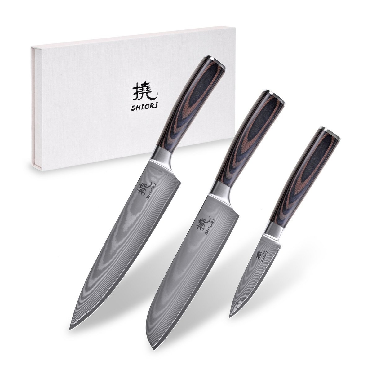 SHIORI 3-Set 撓 Chairo Shōto + Santoku + Sifu - setmed tre japanska Damaskus stålknivar