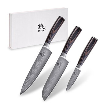 SHIORI 3-Set 撓 Chairo Shōto + Santoku + Sifu - setmed tre japanska Damaskus stålknivar