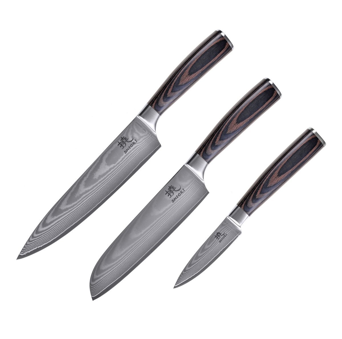 SHIORI 3-Set 撓 Chairo Shōto + Santoku + Sifu - setmed tre japanska Damaskus stålknivar - 8