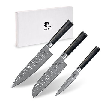 SHIORI 3-Set 撓 Kuri Murō + Santoku + Sifu - set med tre japanska knivar av Damaskusstål