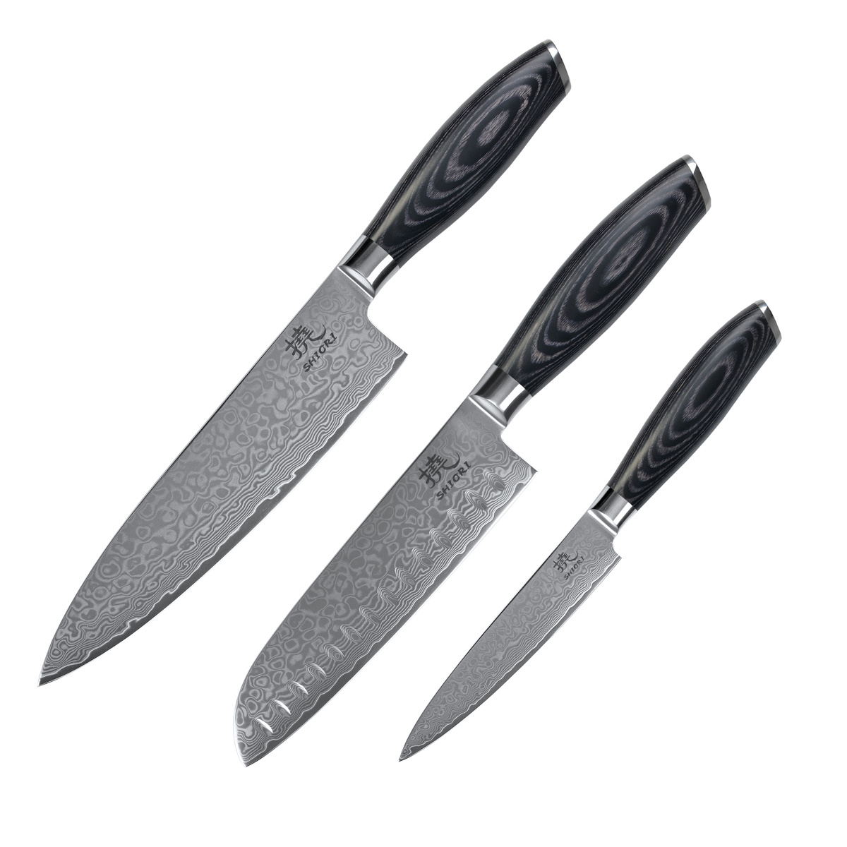 SHIORI 3-Set 撓 Kuro Murō + Santoku + Sifu - set med tre japanska knivar av Damaskusstål - 8