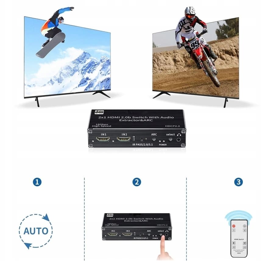 Övriga5 HDMI Switch Audio Extractor SPDIF 4K - 2 x HDMI, ARC, DHCP 2.2, Toslink, Coax, fjärr - 5