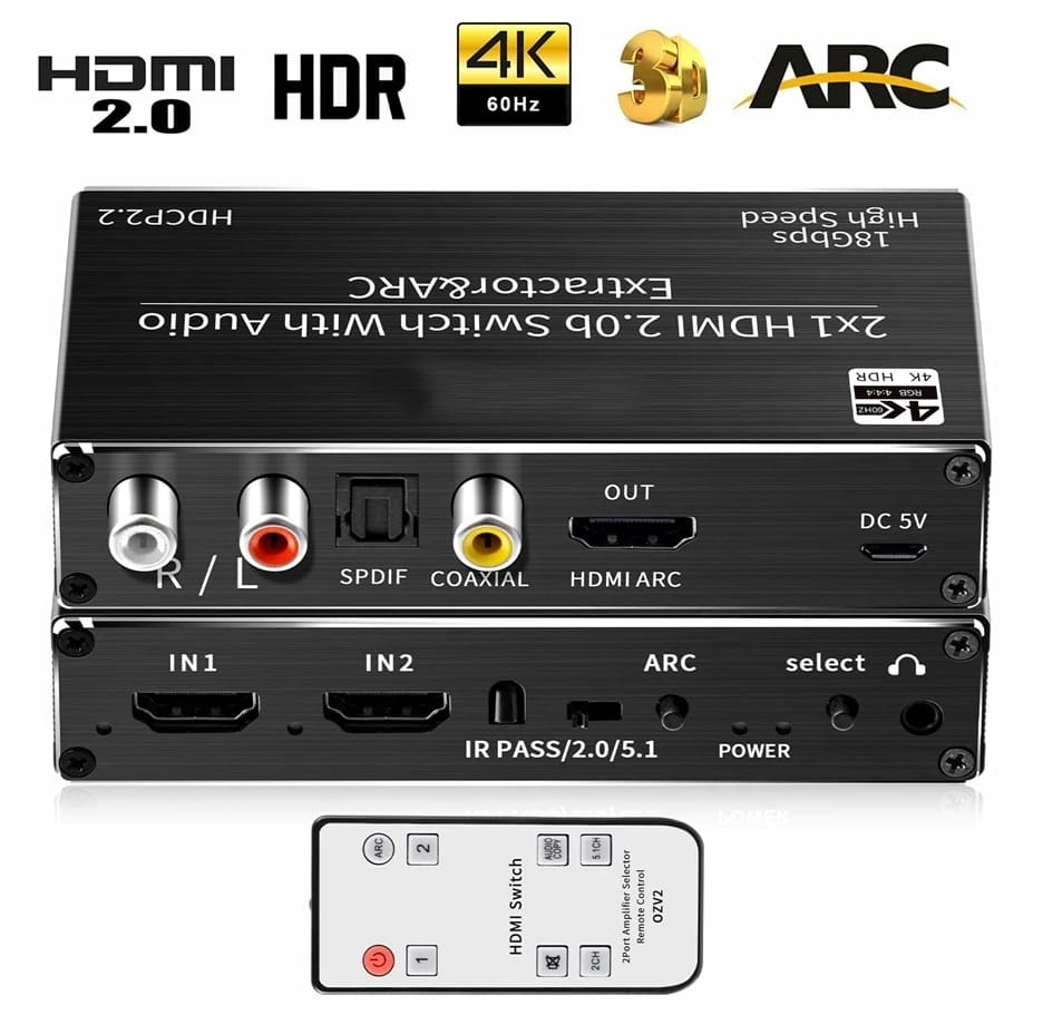 Övriga5 HDMI Switch Audio Extractor SPDIF 4K - 2 x HDMI, ARC, DHCP 2.2, Toslink, Coax, fjärr