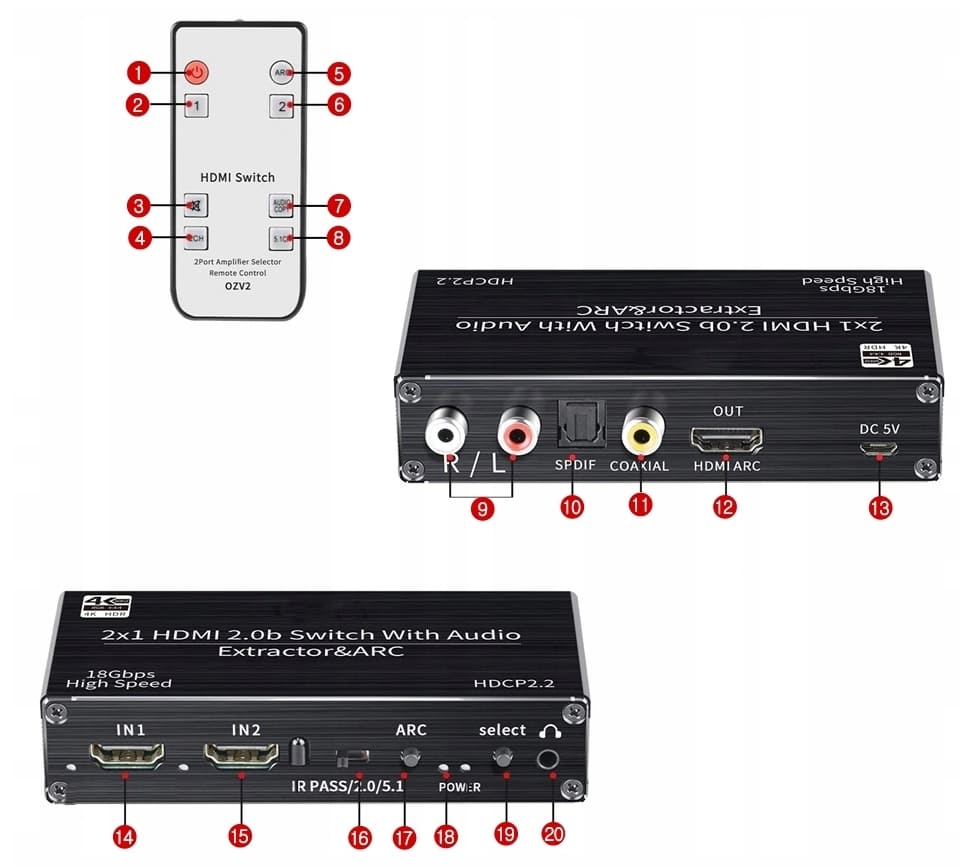 Övriga5 HDMI Switch Audio Extractor SPDIF 4K - 2 x HDMI, ARC, DHCP 2.2, Toslink, Coax, fjärr - 4
