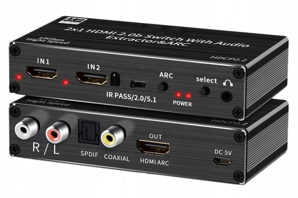 Övriga5 HDMI Switch Audio Extractor SPDIF 4K - 2 x HDMI, ARC, DHCP 2.2, Toslink, Coax, fjärr - 6