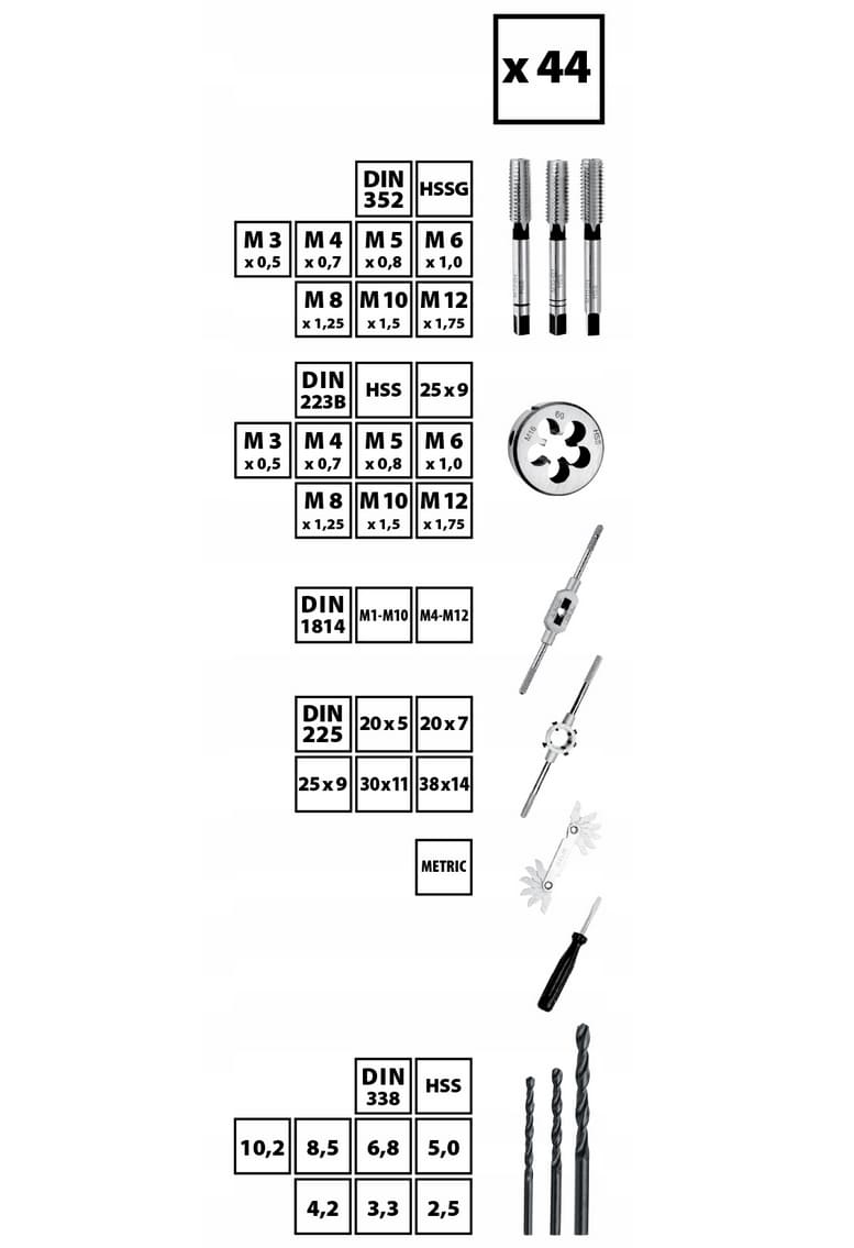 Övriga 3 Gängtappar och gängsnitt M3-M12 HSS, sats 44 delar inkl. borr och svängärn, hållare, metallbox, Jufisto - 2