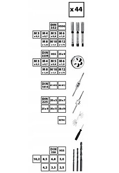 Övriga 3 Gängtappar och gängsnitt M3-M12 HSS, sats 44 delar inkl. borr och svängärn, hållare, metallbox, Jufisto