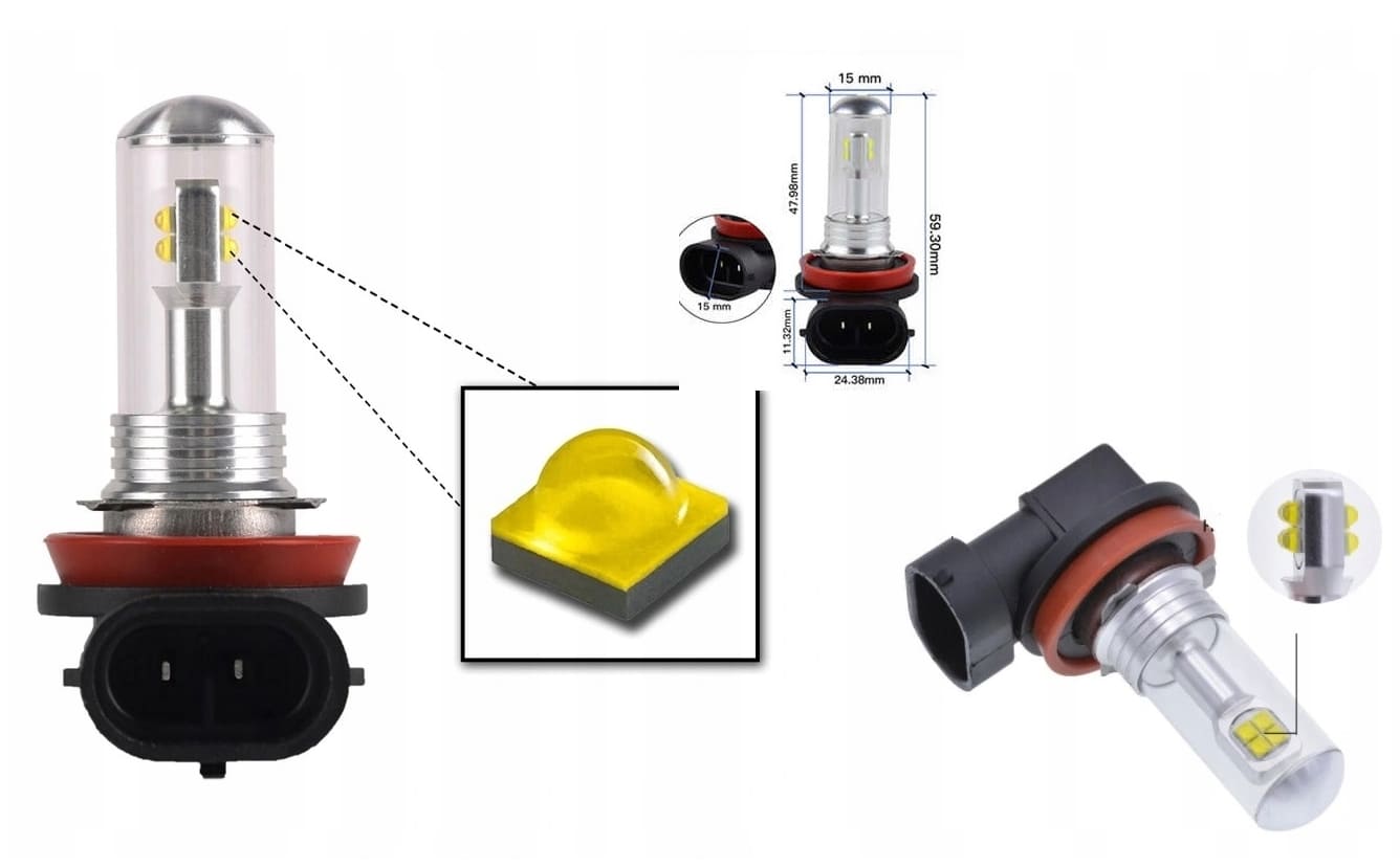 H8 H9 H11 LED 8x CREE XBD ultra white 6000K, 8000LM, passiv kylning, 2st - 4