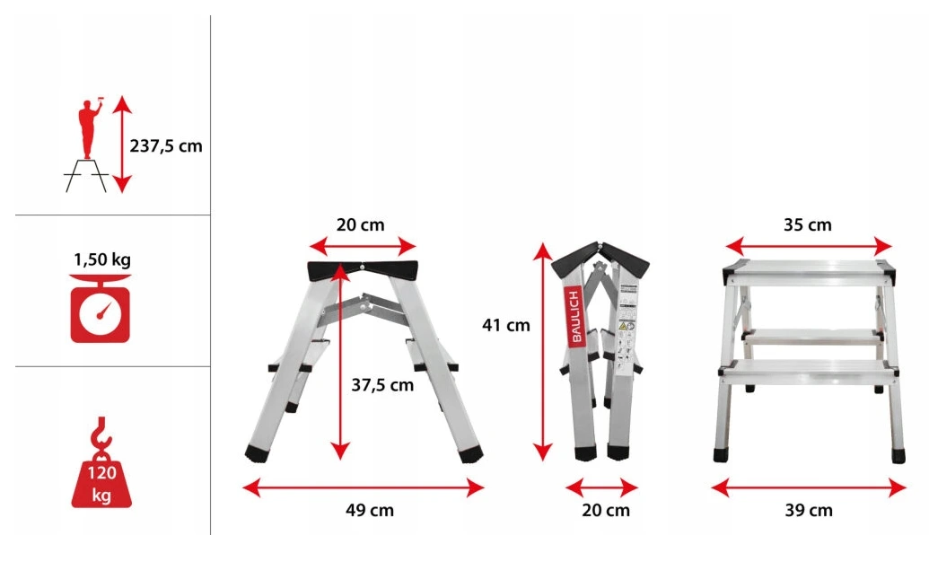 Pall 38 cm, hopfällbart mini stege, aluminium, max 125 kg, BAULICH - 8