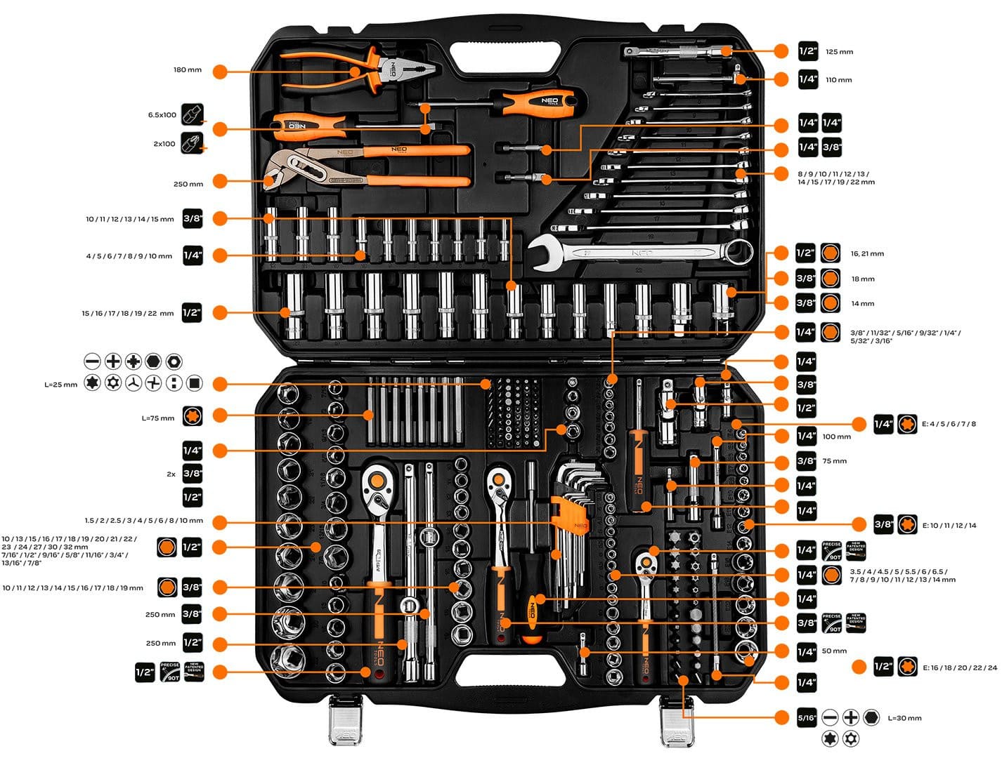 Neo Tools Hylsnyckelsats 233 delar 1/2, 3/8, 1/4, NeoTools - 10