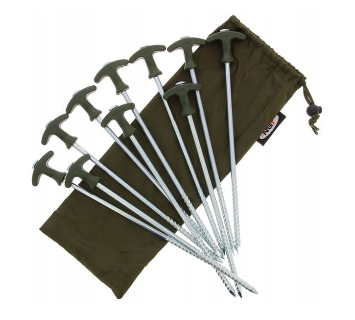 Kraftiga tältpinnar 10st (tältspikar), 30 cm långa skruvbara med handtag och 8st starka självlysande spännlinor (tältlina) 8 x 3m - 4