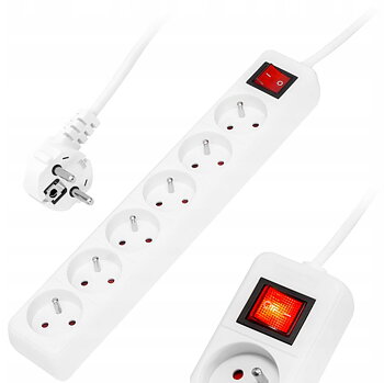 Förlängningskabel grenuttag 3m 6 uttag 230V max. 10A / 2300W, omkopplare