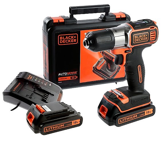 Black&Decker Skruvdragare / Borrmaskin, sladdlös, AUTOSENSE 18V 1.5AH, 2 batterier, väska, Black+Decker