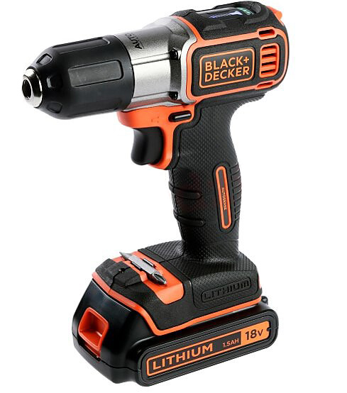 Black&Decker Skruvdragare / Borrmaskin, sladdlös, AUTOSENSE 18V 1.5AH, 2 batterier, väska, Black+Decker - 6