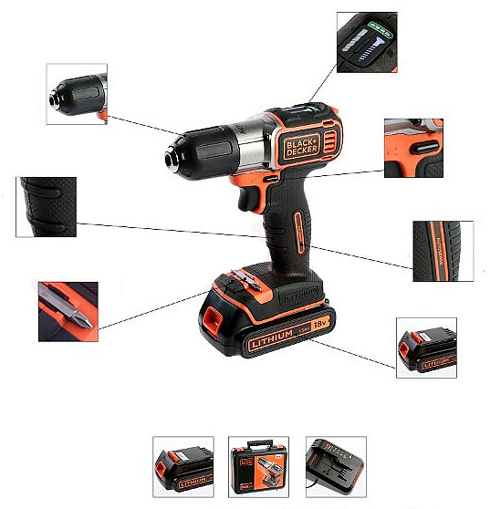 Black&Decker Skruvdragare / Borrmaskin, sladdlös, AUTOSENSE 18V 1.5AH, 2 batterier, väska, Black+Decker - 5