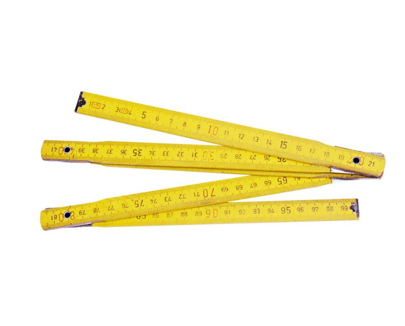 Tummstock av trä, extra hållbar, 1m, 5 delad, ljus gul, tumm och mm, svart skala, röda markeringar var 10 cm, metallkant