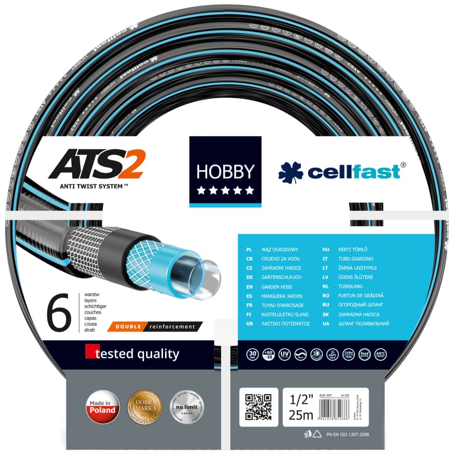 CellFast Trädgårdsslang, vattenslang 25-50m 1/2-1, extra tålig, dubbelförstärkt, 6 lager, ATS2™ (Längd (m) : 50)