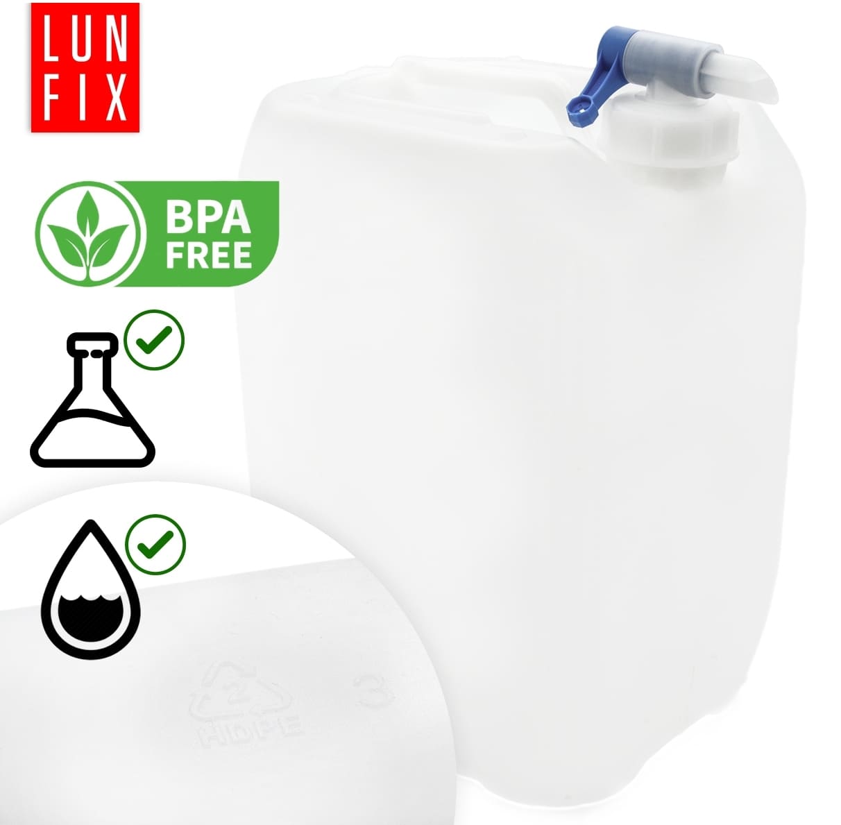 Vattendunk 25L med kran, kanister för dricksvatten, HDPE plast, LunFix - 7