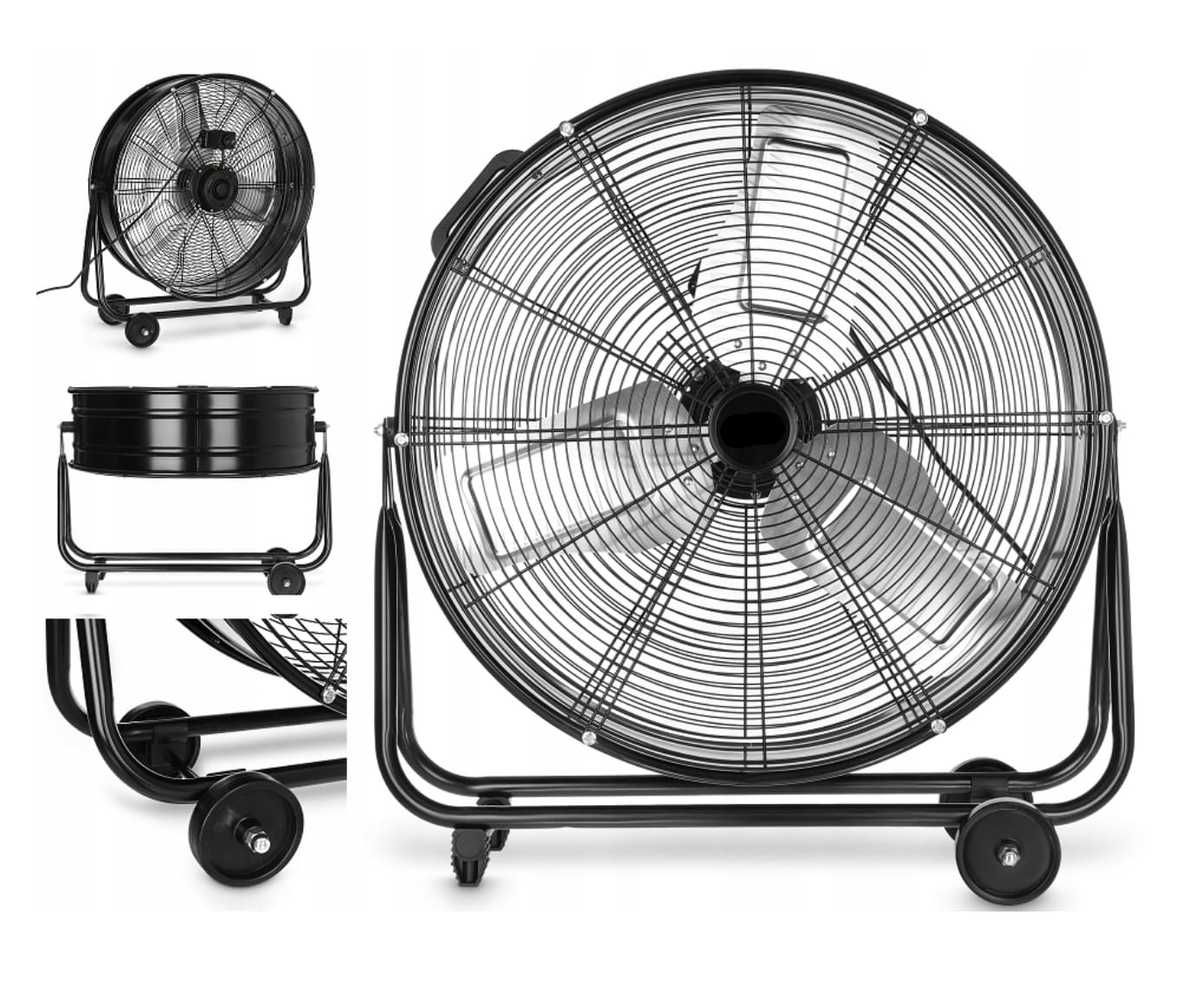 Kraftfull industrifläkt 61 cm (24) 220W, golvmodell med hjul, svart pulverlackad, 1300rpm, 12000 m3/h, Bestfan