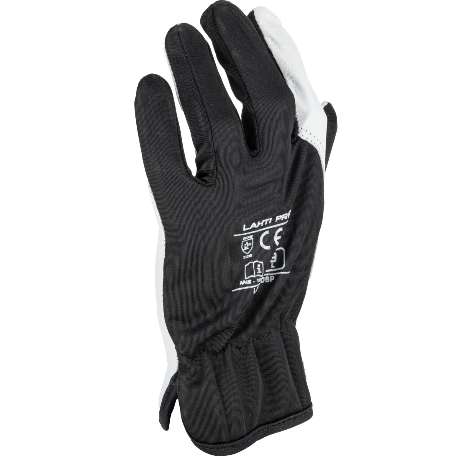 LahtiPro Handskar, äkta getskinn, bomull, spandex, st. 8, svart-vita, XL, CE, EN 420, EN 388, skyddskat. 2, LAHTI L2707 (Handskestorlek : 9 [L] Handlängd 19,2cm Omkrets 22,9cm) - 2