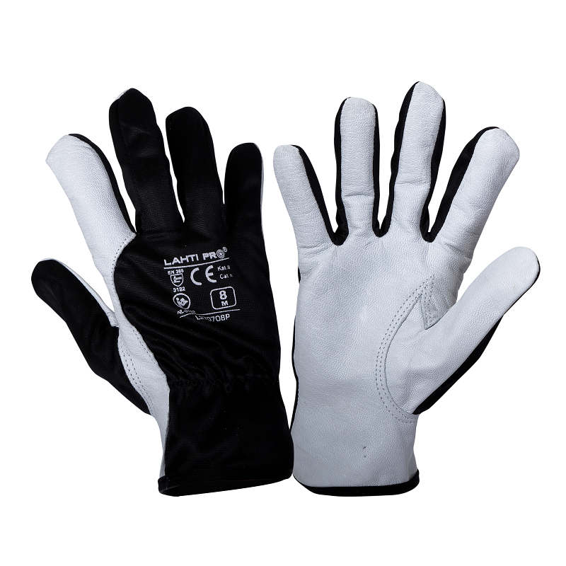 LahtiPro Handskar, äkta getskinn, bomull, spandex, st. 8, svart-vita, XL, CE, EN 420, EN 388, skyddskat. 2, LAHTI L2707 (Handskestorlek : 9 [L] Handlängd 19,2cm Omkrets 22,9cm)