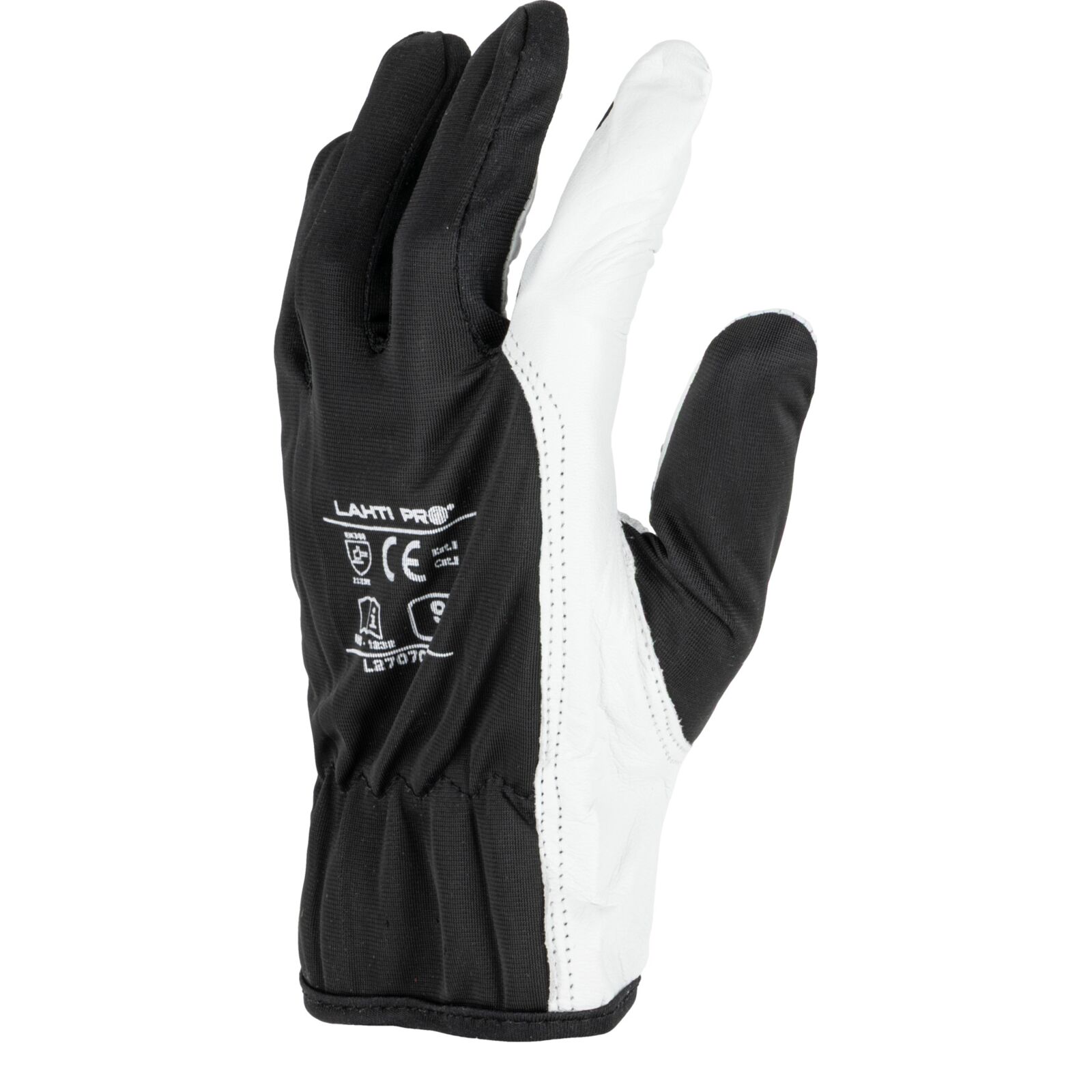 LahtiPro Handskar, äkta getskinn, bomull, spandex, st. 8, svart-vita, XL, CE, EN 420, EN 388, skyddskat. 2, LAHTI L2707 (Handskestorlek : 11 [XXL] Handlängd 21,5cm Omkrets 27,9cm) - 3