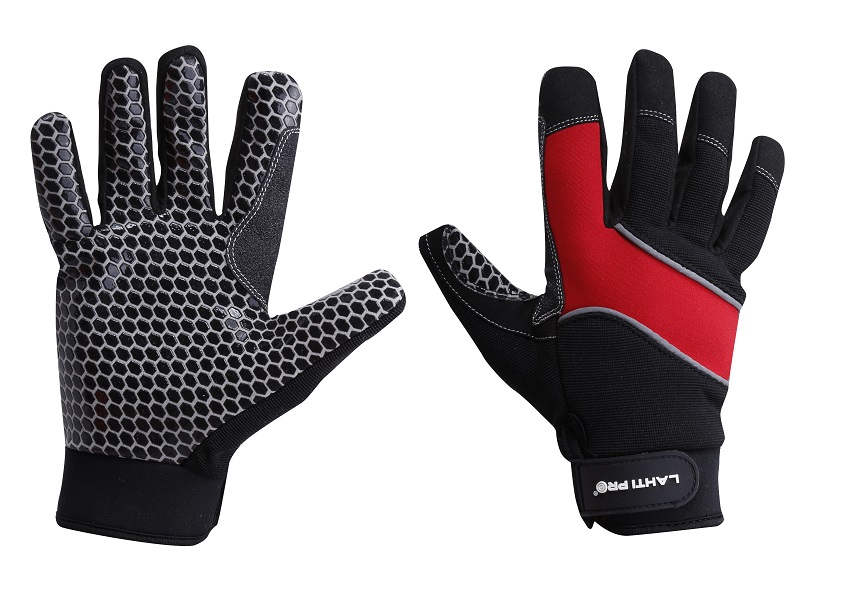 Handskar för mekaniker, st. 8, glidskydd, svart-röda med reflex, mikrofiber, polyester, silikon, PVC, CE, EN 420, LahtiPro L2811 (Handskestorlek : 10 [XL] Handlängd 20,4cm Omkrets 25,4cm)