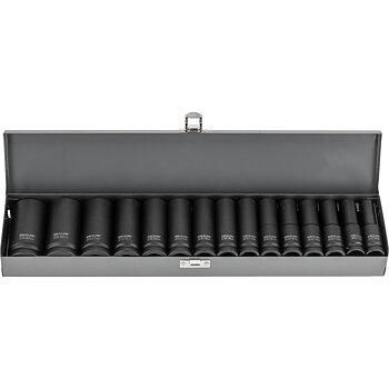 PROLINE TOOLS Krafthylsor sats 15st långa hylsor 1/2, 10-32 mm, CRV-MO, Metallbox, Proline