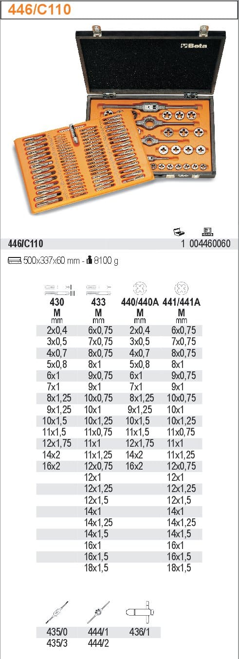 Gängverktygssats M2-M18 kromstål 110 delar, trälåda, BETA Tools - 2