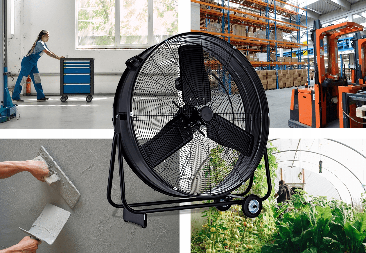 Stor kraftfull mobil industrifläkt 90 cm 350W, trumfläkt golvmodell, svart/gul pulverlackad, 21795 m³/h, EBERG - 6