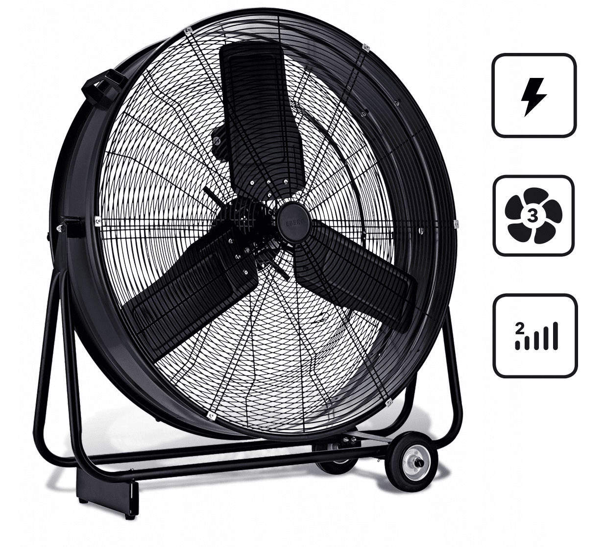 Stor kraftfull mobil industrifläkt 90 cm 350W, trumfläkt golvmodell, svart/gul pulverlackad, 21795 m³/h, EBERG