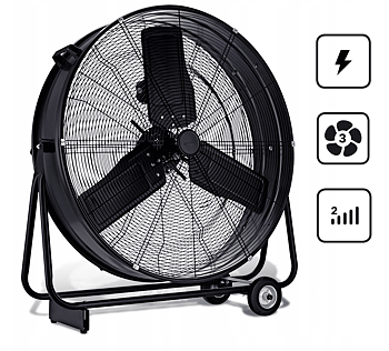 Stor kraftfull mobil industrifläkt 90 cm 350W, trumfläkt golvmodell, svart/gul pulverlackad, 21795 m³/h, EBERG